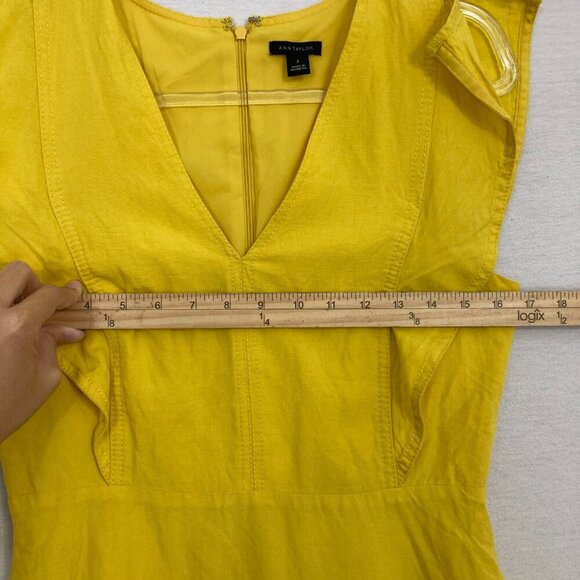 Ann Taylor Yellow V Neck Ruffle Sleeve Linen Lyocell Flare Dress size 2 Preppy - Picture 5 of 12